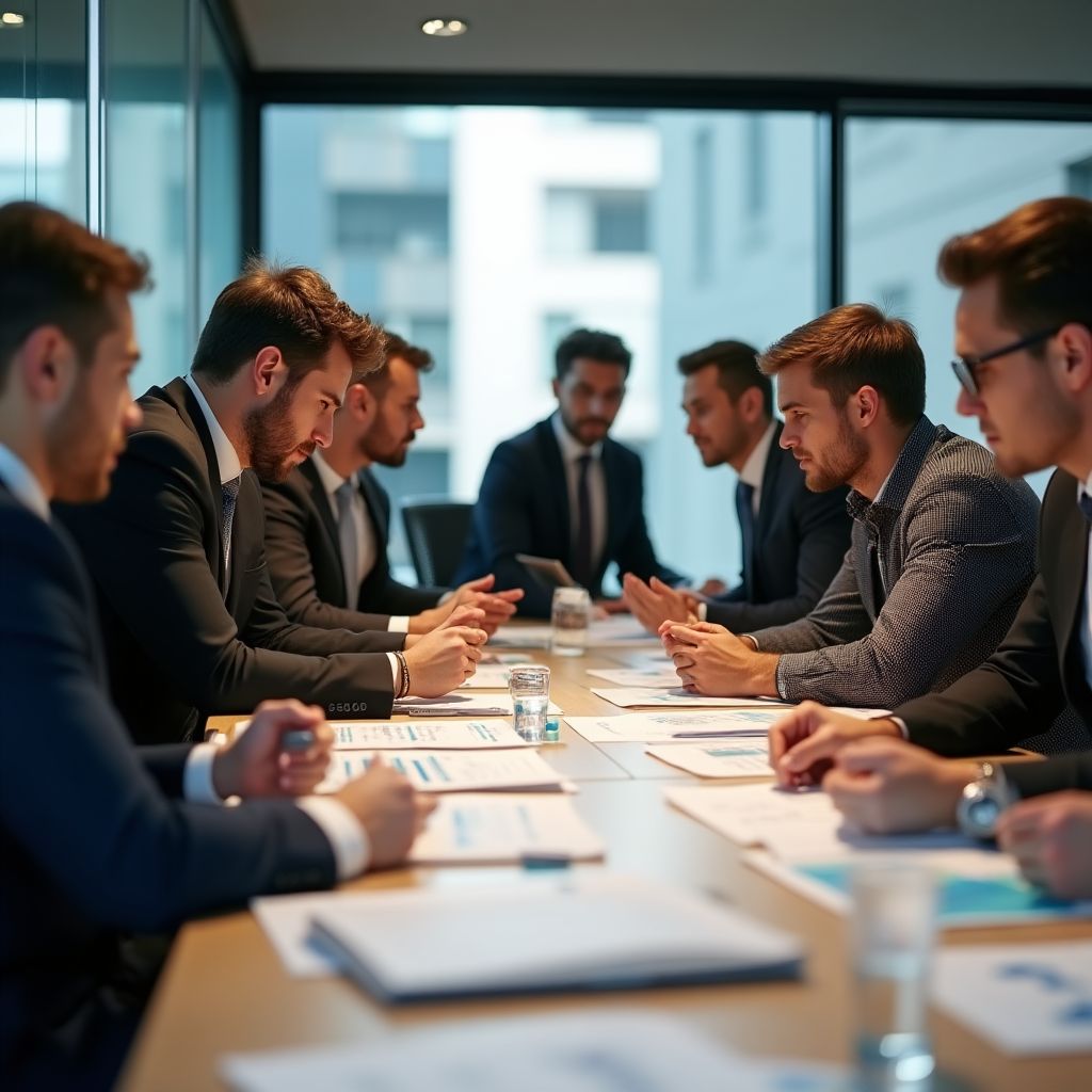 Equipo de consultores financieros en reunión estratégica